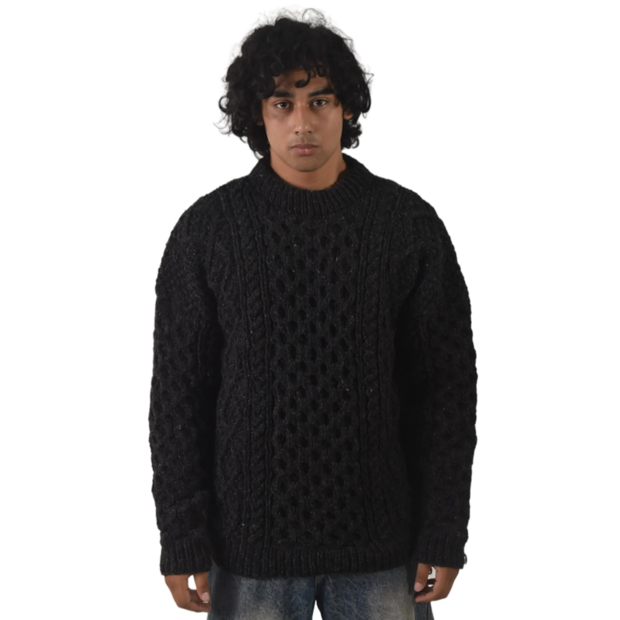 Handknit 100% Sheep Wool Aran Sweater For Men & Women - Nepal Unisex Crewneck Cable Knit Fisherman Woolen Pullover - Black - Image 5