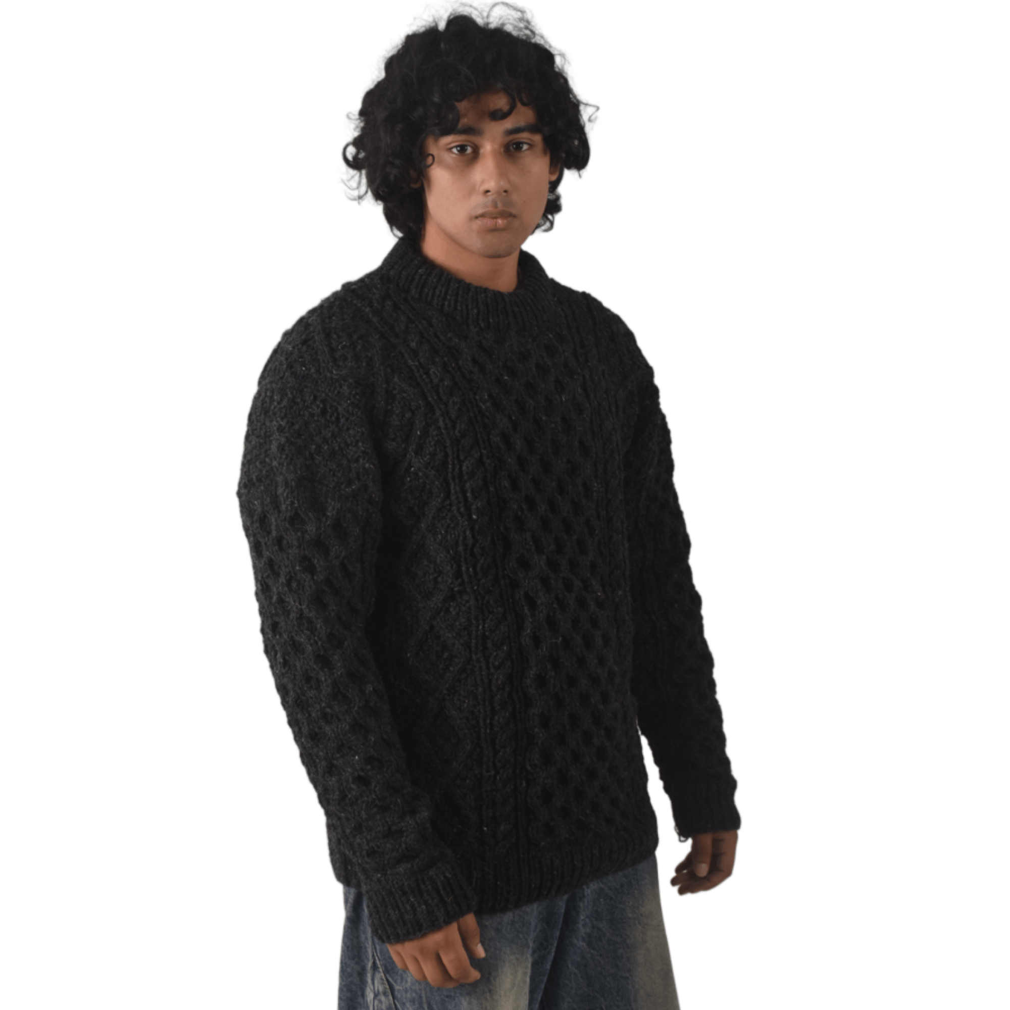 Handknit 100% Sheep Wool Aran Sweater For Men & Women - Nepal Unisex Crewneck Cable Knit Fisherman Woolen Pullover - Black - Image 4