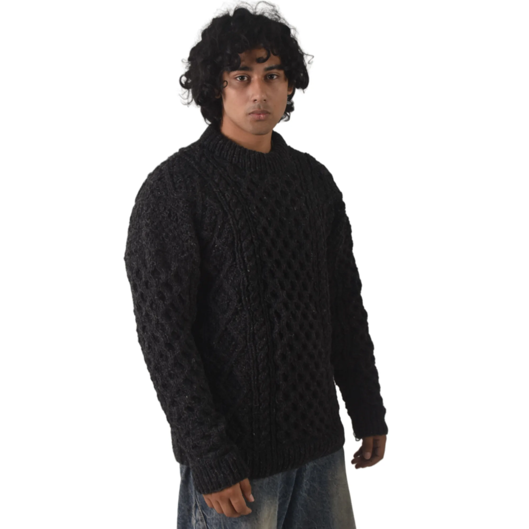 Handknit 100% Sheep Wool Aran Sweater For Men & Women - Nepal Unisex Crewneck Cable Knit Fisherman Woolen Pullover - Black - Image 4