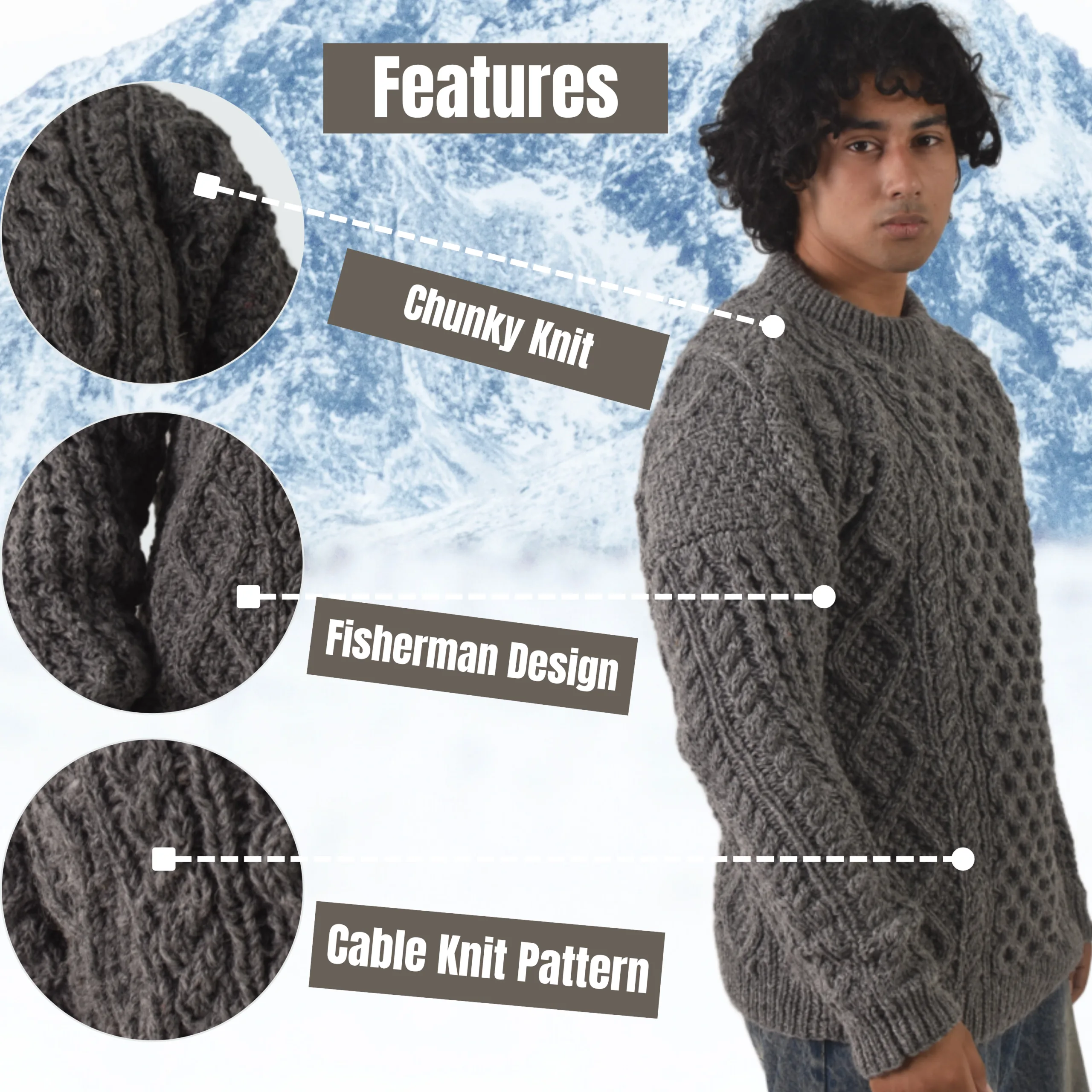 Handknit 100%Sheep Wool Cable Knit Sweater For Men & Women - Nepal Unisex Crewneck Aran Fisherman Woolen Pullover - Dark Grey - Image 9