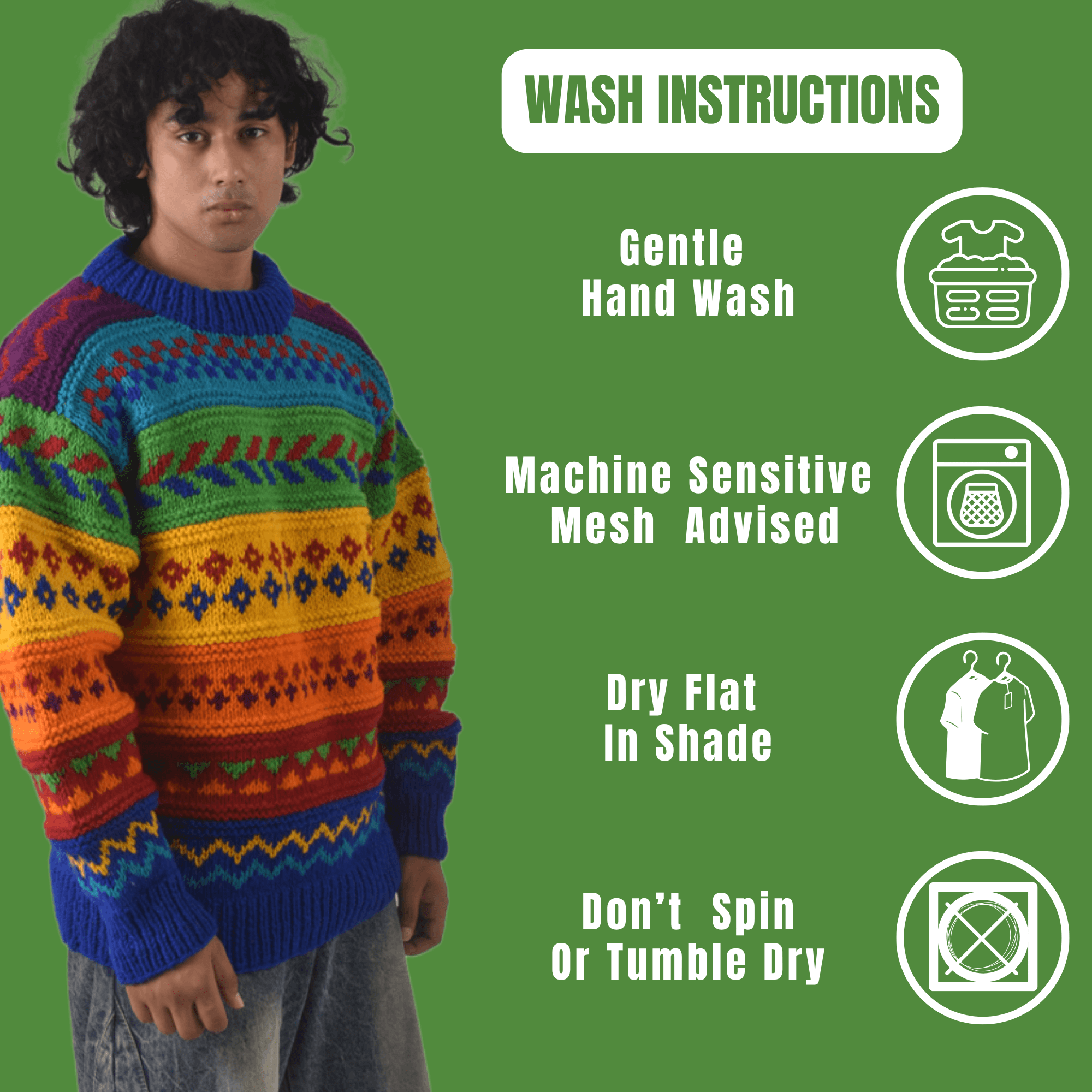 100% Sheep Wool Fair Isle Sweater For Men & Women - Nepal Crewneck Rainbow Woolen Pullover - Image 10