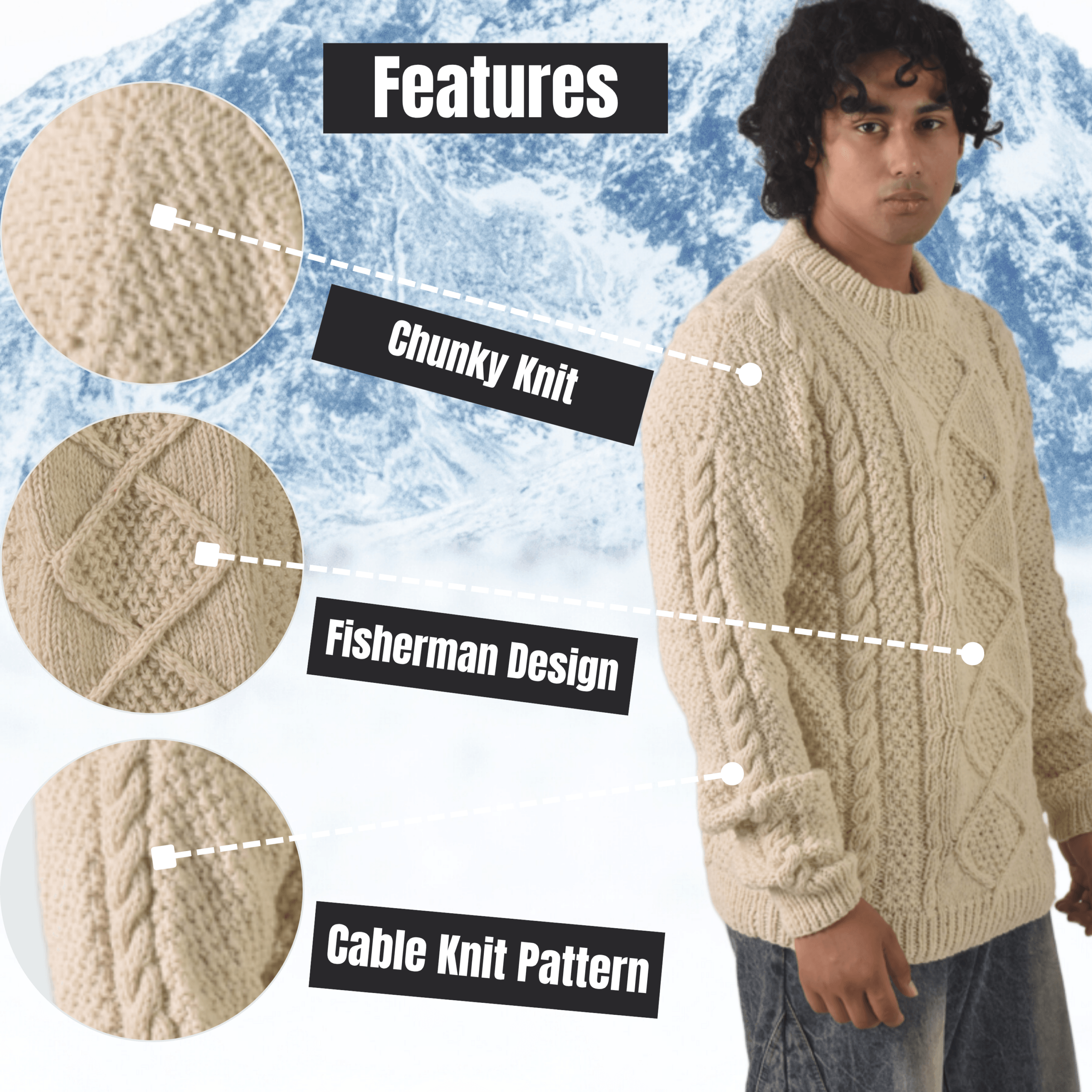 Handknit 100% Sheep Wool Aran Sweater For Men & Women - Nepal Unisex Crewneck Cable Knit Fisherman Woolen Pullover - Beige - Image 10