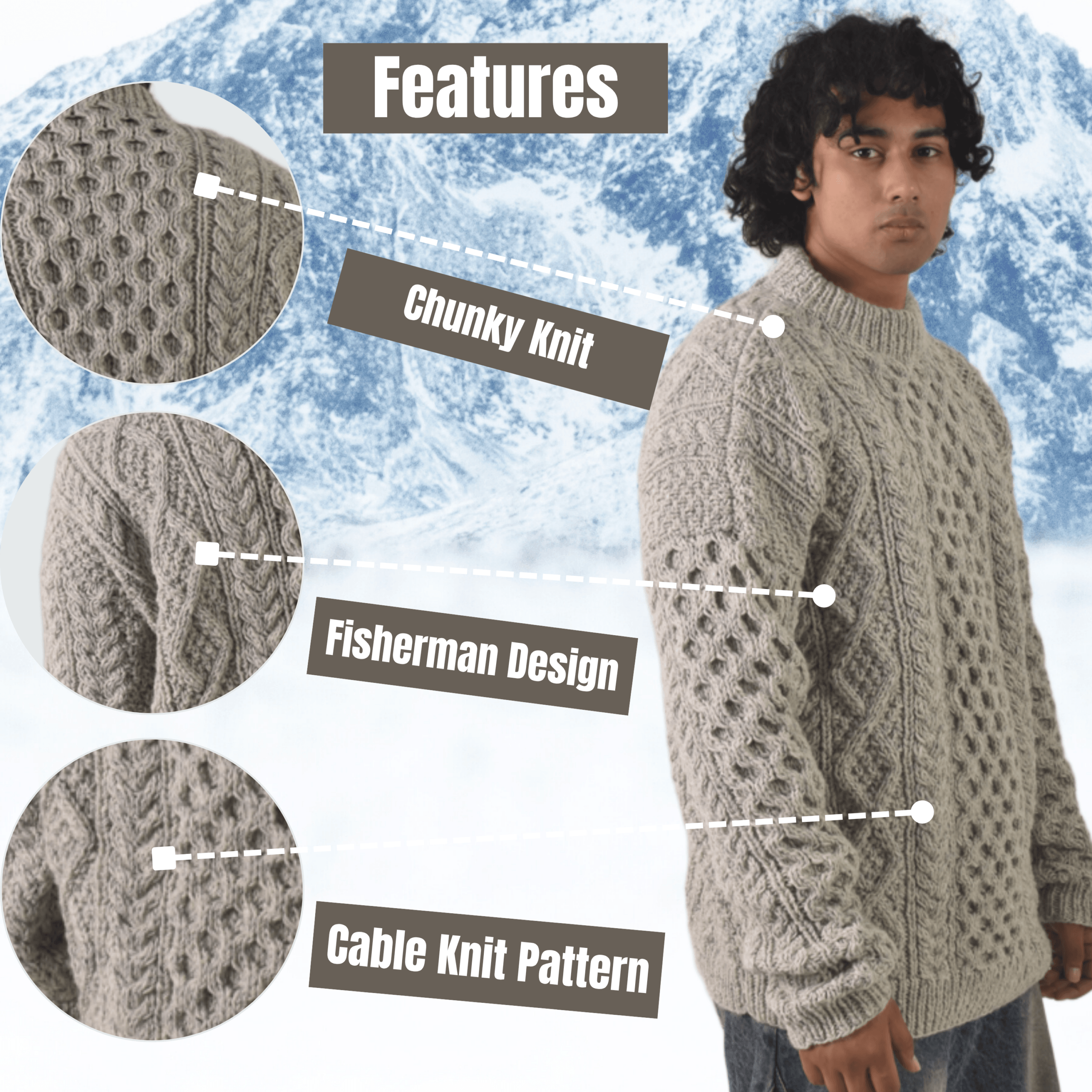 Handknit 100%Sheep Wool Cable Knit Sweater For Men & Women - Nepal Unisex Crewneck Aran Fisherman Woolen Pullover - Light Grey - Image 10