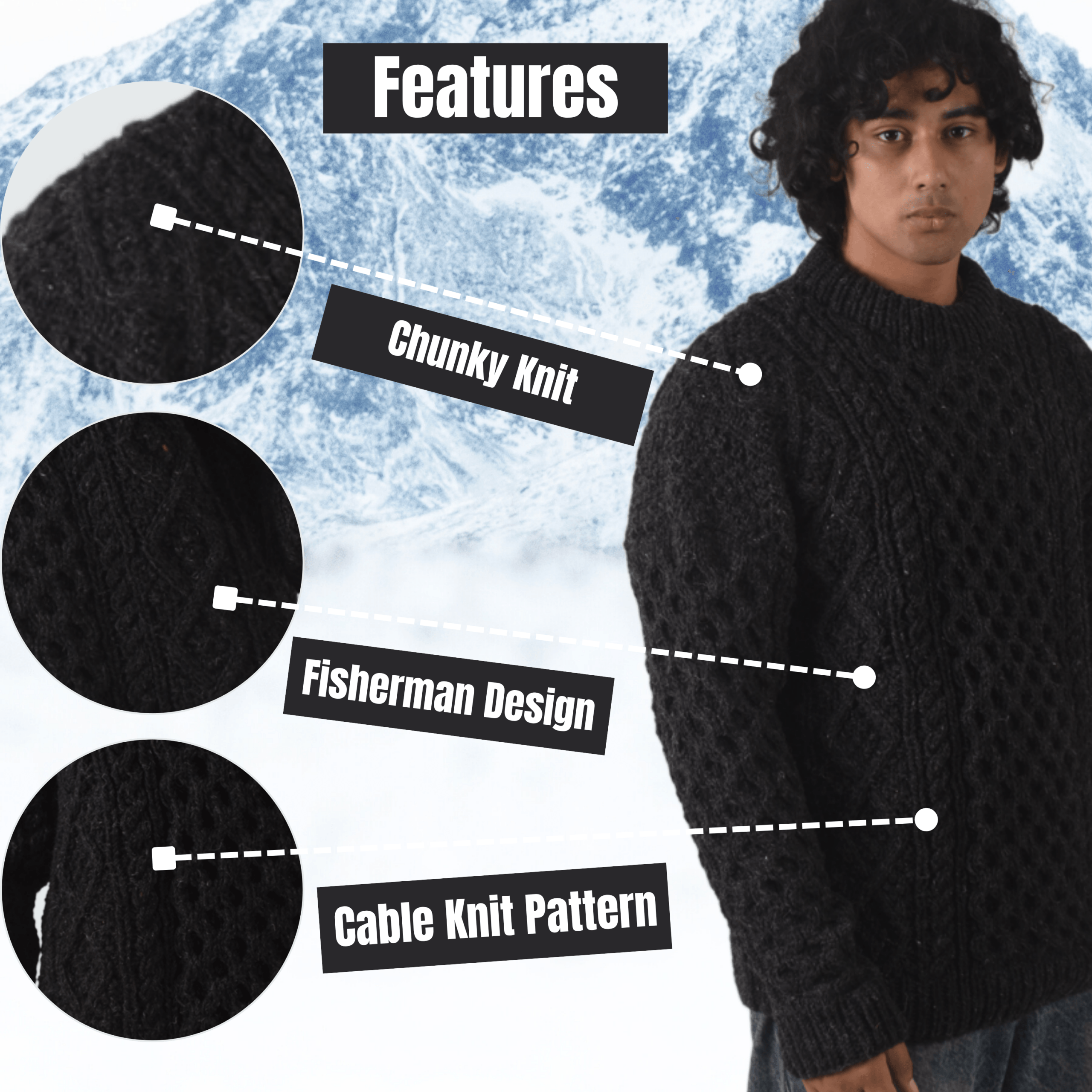 Handknit 100% Sheep Wool Aran Sweater For Men & Women - Nepal Unisex Crewneck Cable Knit Fisherman Woolen Pullover - Black - Image 10