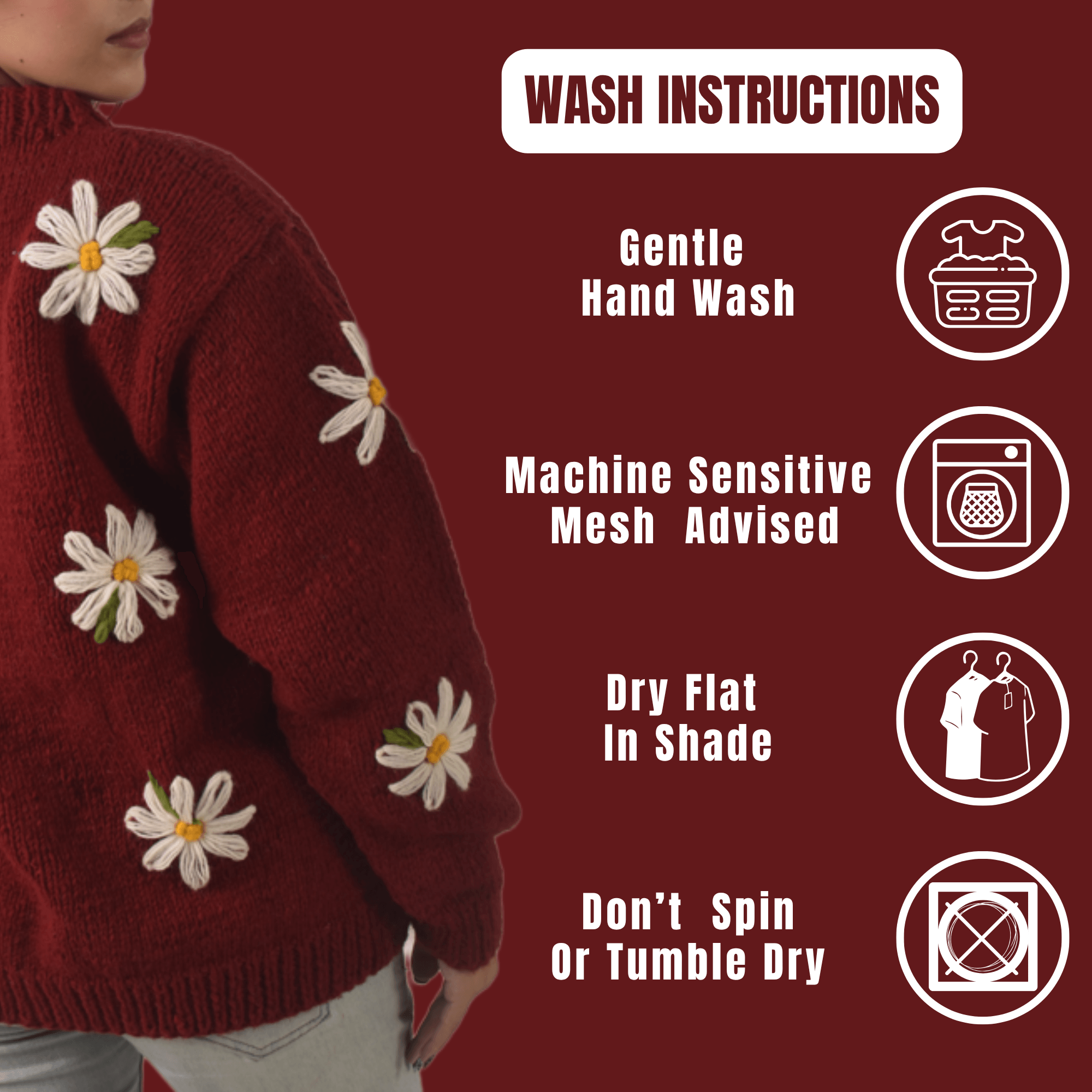 100% Wool Pullover Sweater For Women - Maroon Floral Crewneck Design - Made in Nepal - Image 7