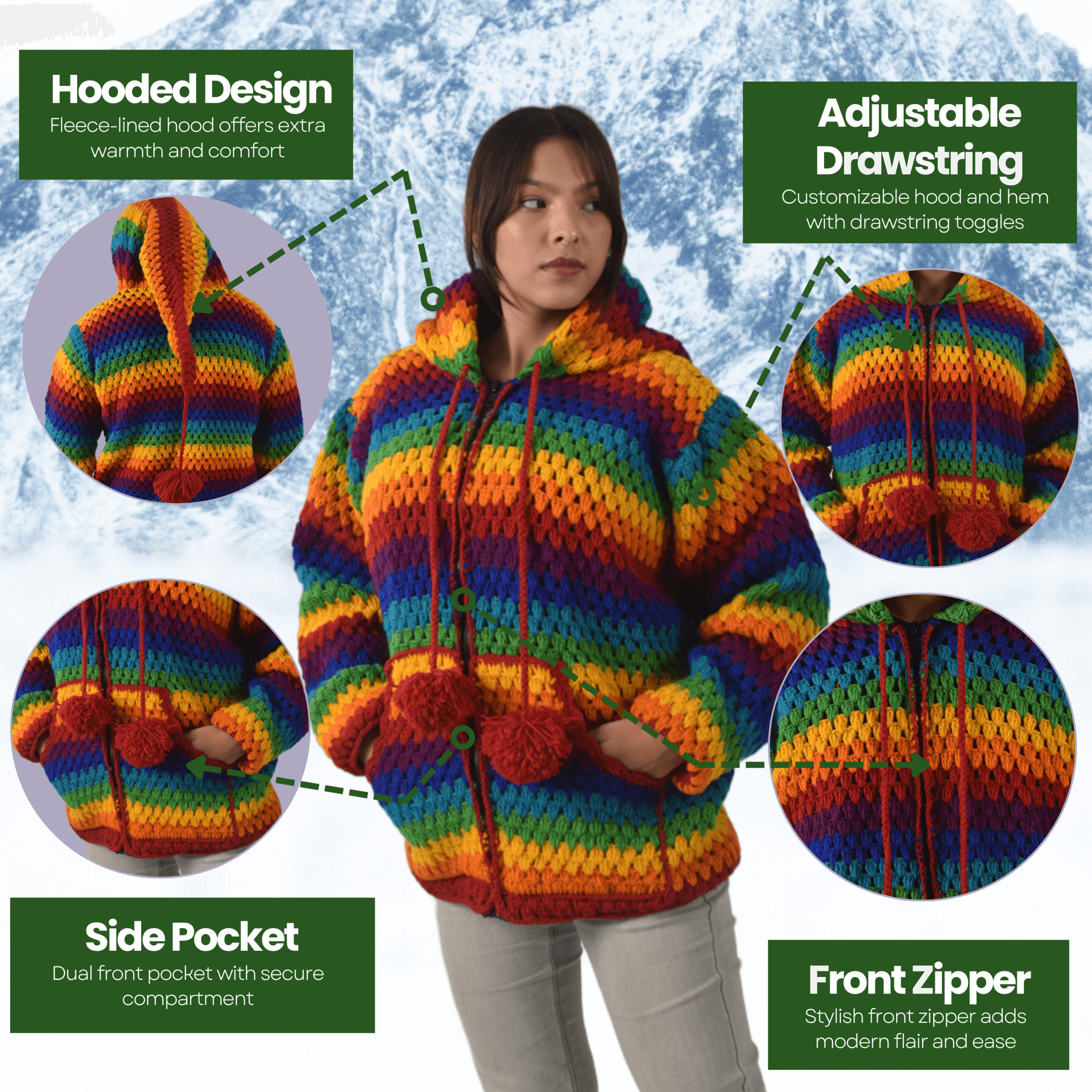 Unisex Rainbow Winter Woolen Crochet Sweater - Nepal Handknit 100% Sheep Wool Jacket For Men & Women - Image 8