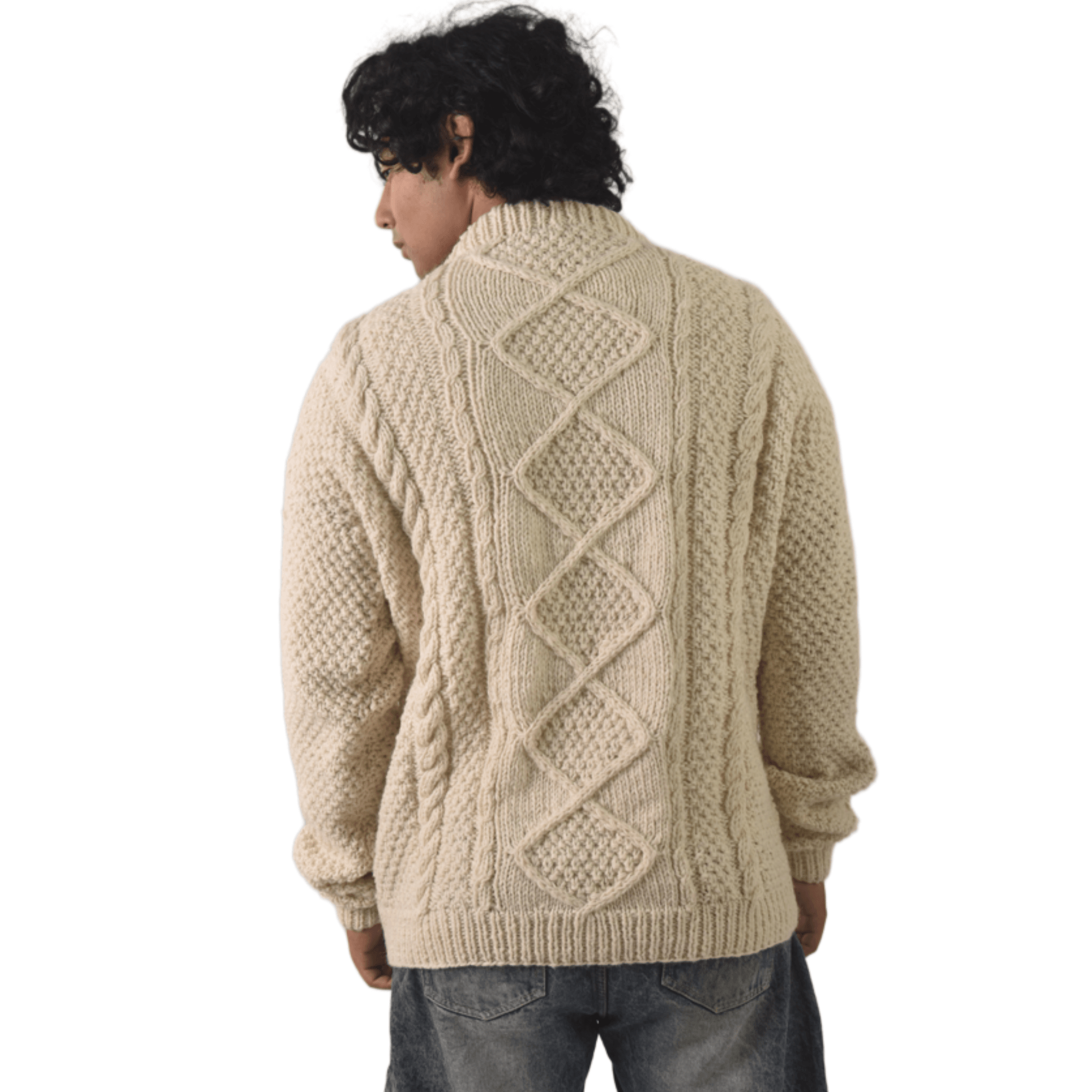 Handknit 100% Sheep Wool Aran Sweater For Men & Women - Nepal Unisex Crewneck Cable Knit Fisherman Woolen Pullover - Beige - Image 5
