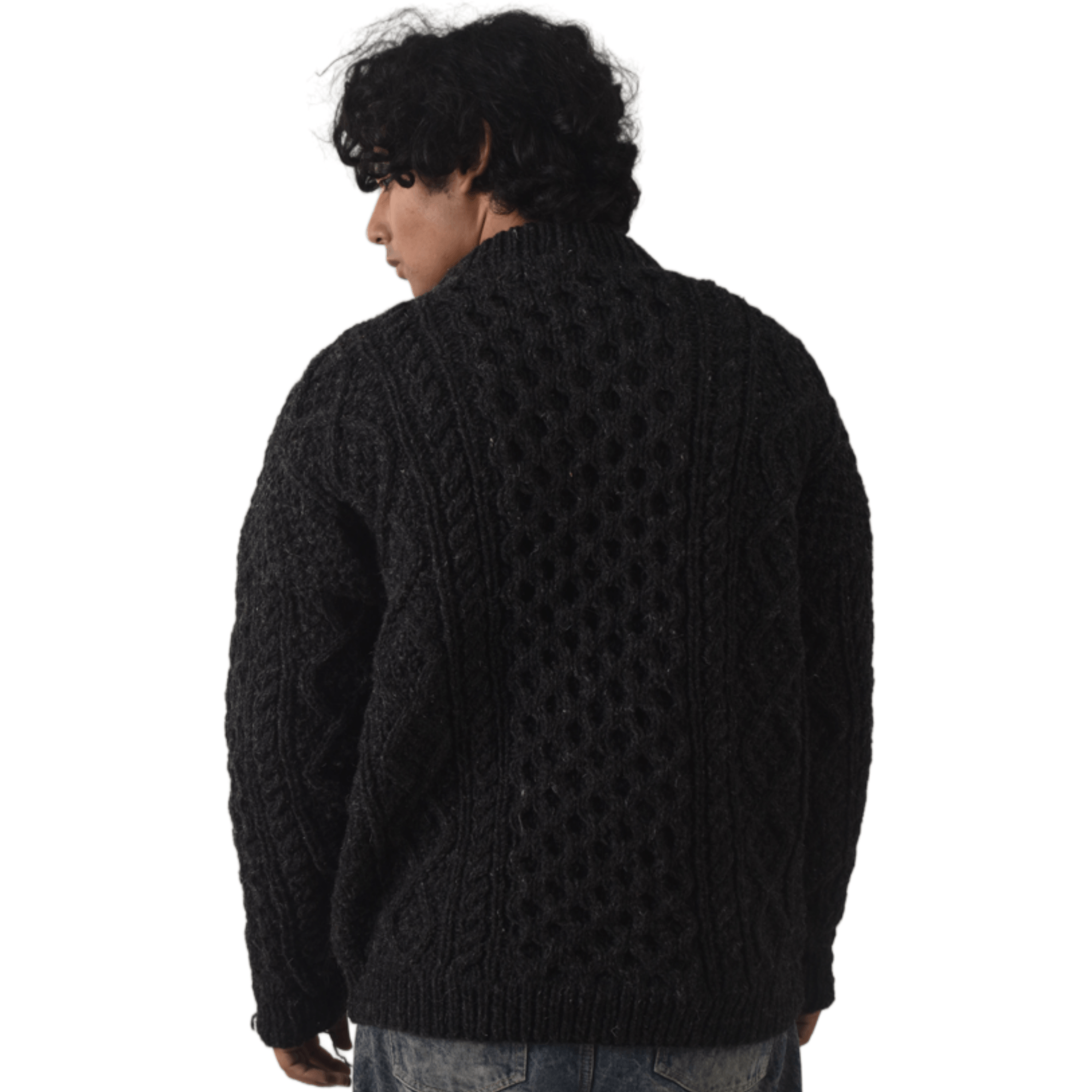 Handknit 100% Sheep Wool Aran Sweater For Men & Women - Nepal Unisex Crewneck Cable Knit Fisherman Woolen Pullover - Black - Image 7