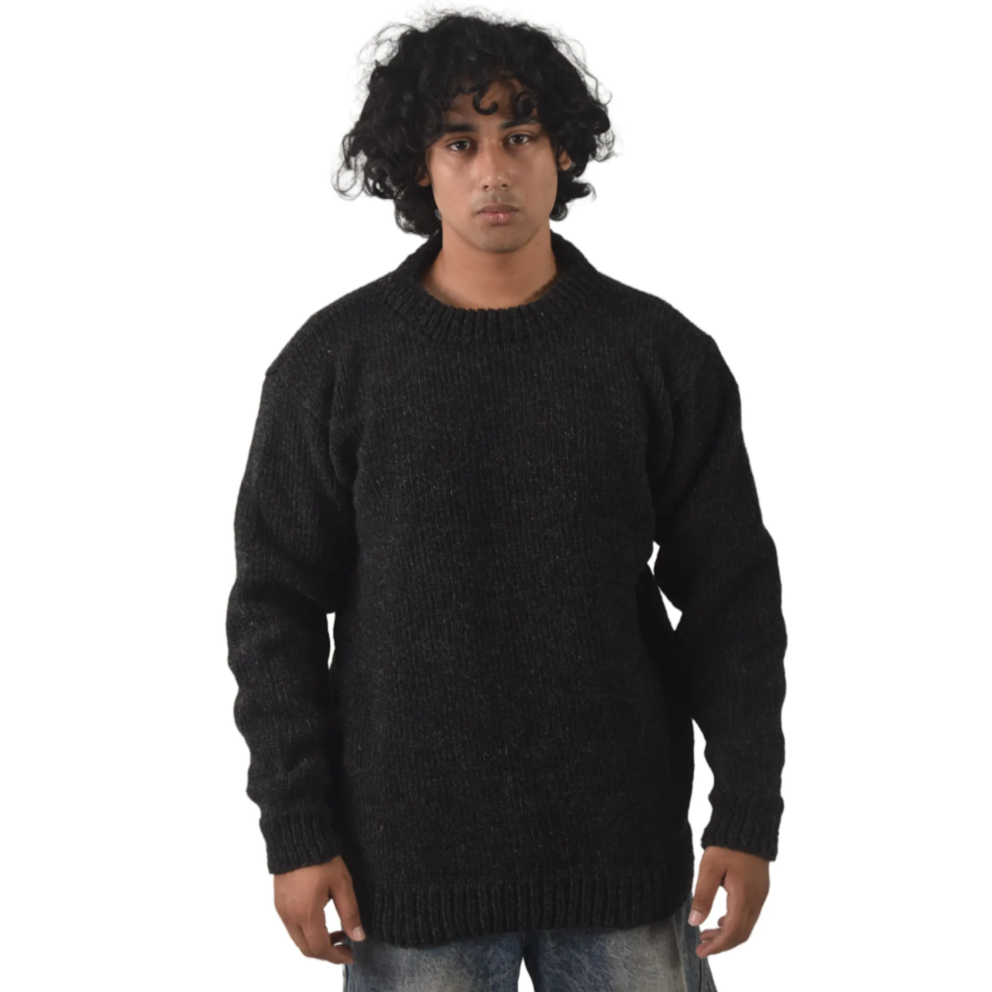 100% Wool Pullover Sweater For Men & Women - Black Unisex Crewneck Design - Made in Nepal - Image 3