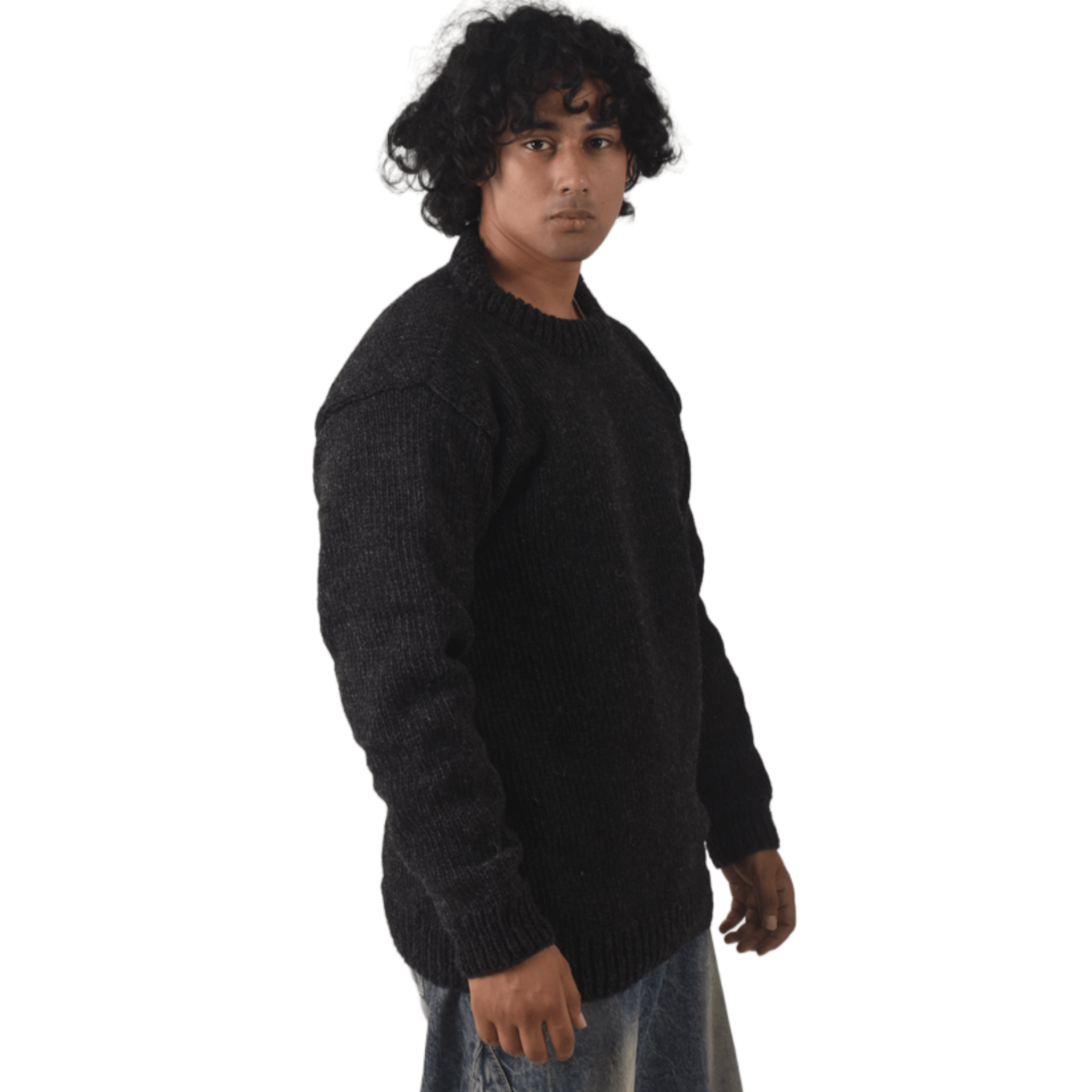 100% Wool Pullover Sweater For Men & Women - Black Unisex Crewneck Design - Made in Nepal - Image 6