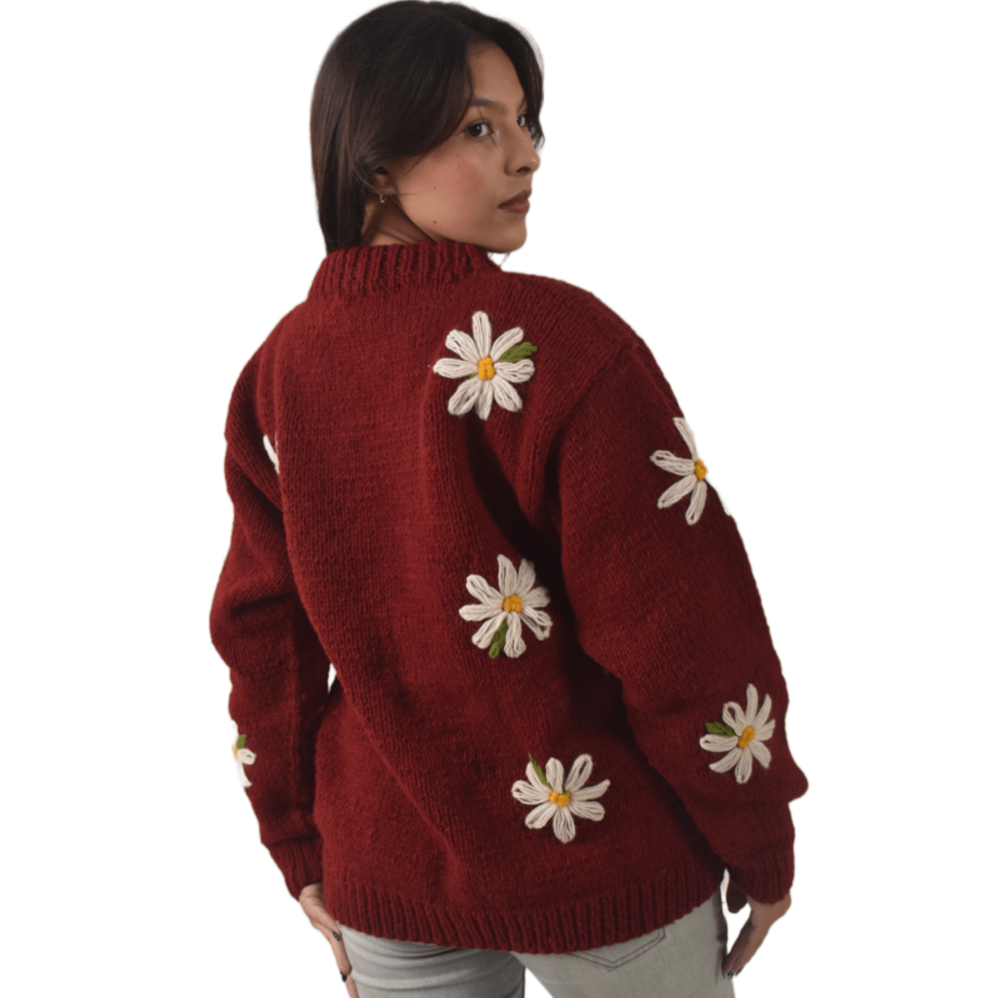 100% Wool Pullover Sweater For Women - Maroon Floral Crewneck Design - Made in Nepal - Image 4