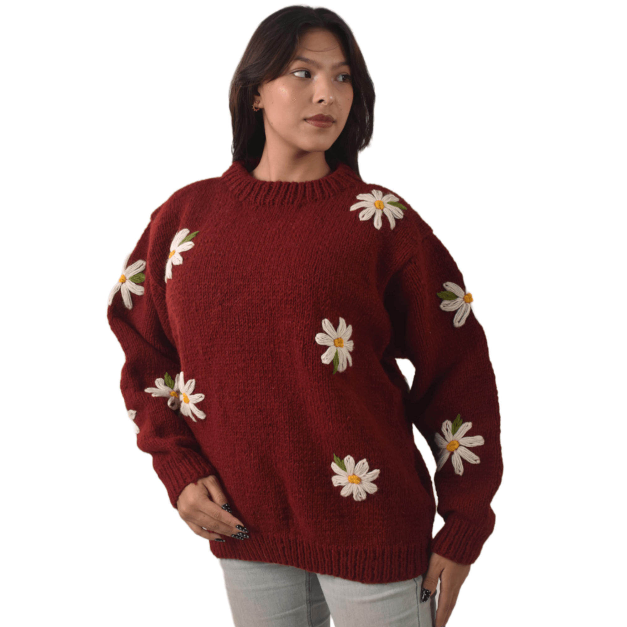 100% Wool Pullover Sweater For Women - Maroon Floral Crewneck Design - Made in Nepal - Image 3