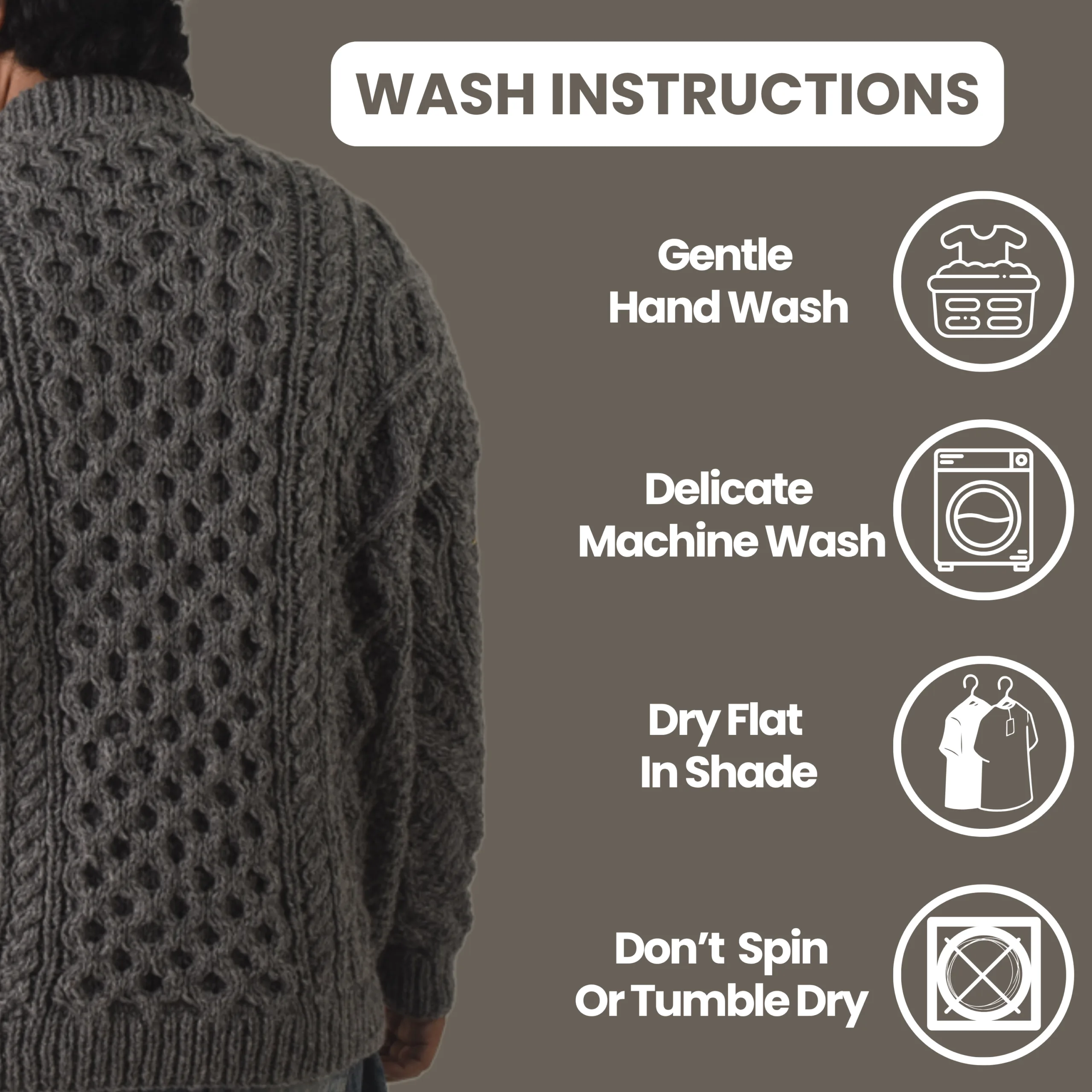 Handknit 100%Sheep Wool Cable Knit Sweater For Men & Women - Nepal Unisex Crewneck Aran Fisherman Woolen Pullover - Dark Grey - Image 10