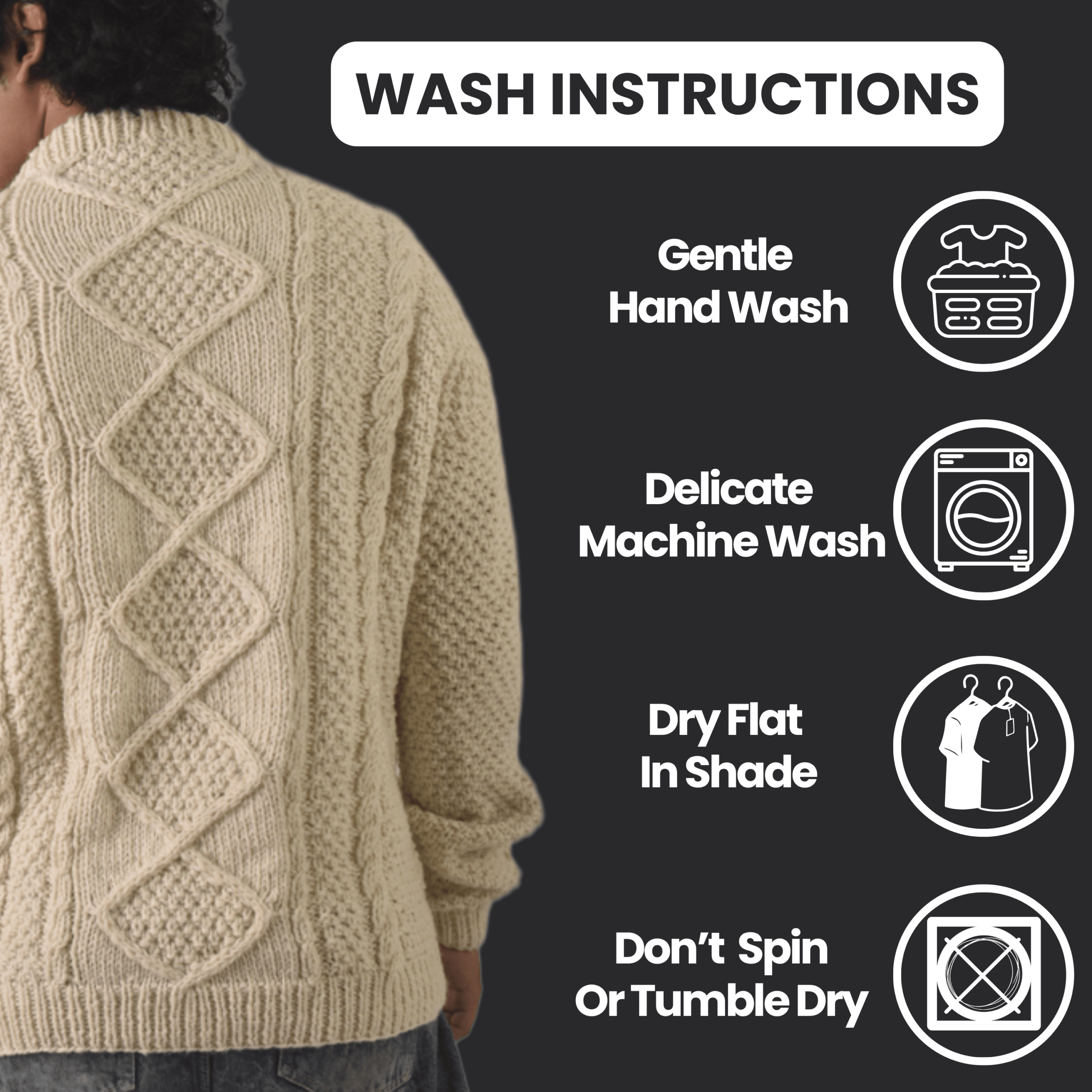 Handknit 100% Sheep Wool Aran Sweater For Men & Women - Nepal Unisex Crewneck Cable Knit Fisherman Woolen Pullover - Beige - Image 11