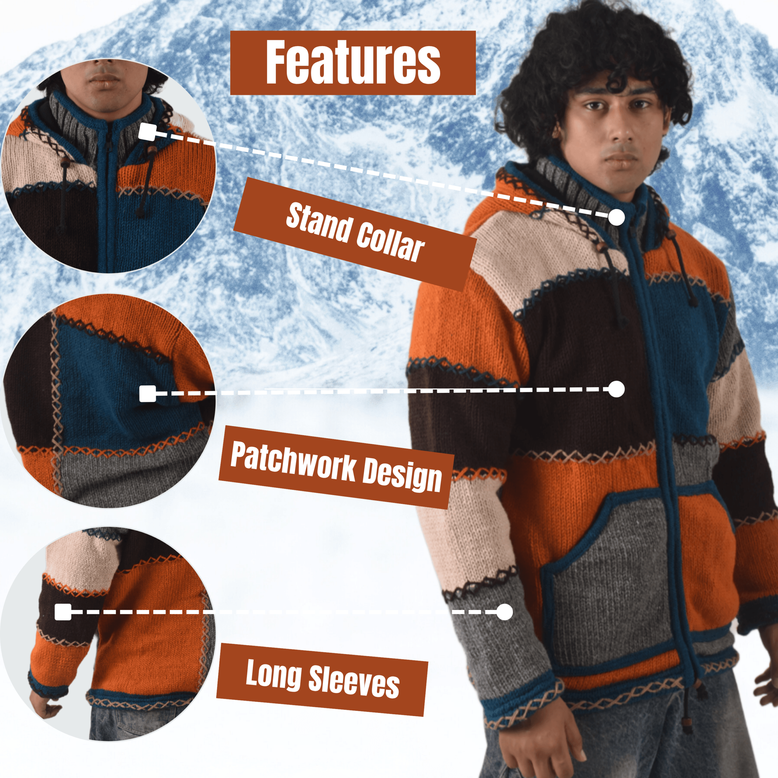 100% Wool Jacket For Women & Men - Unisex Multicolor Patchwork Fleece Lined - Made in Nepal - Image 13