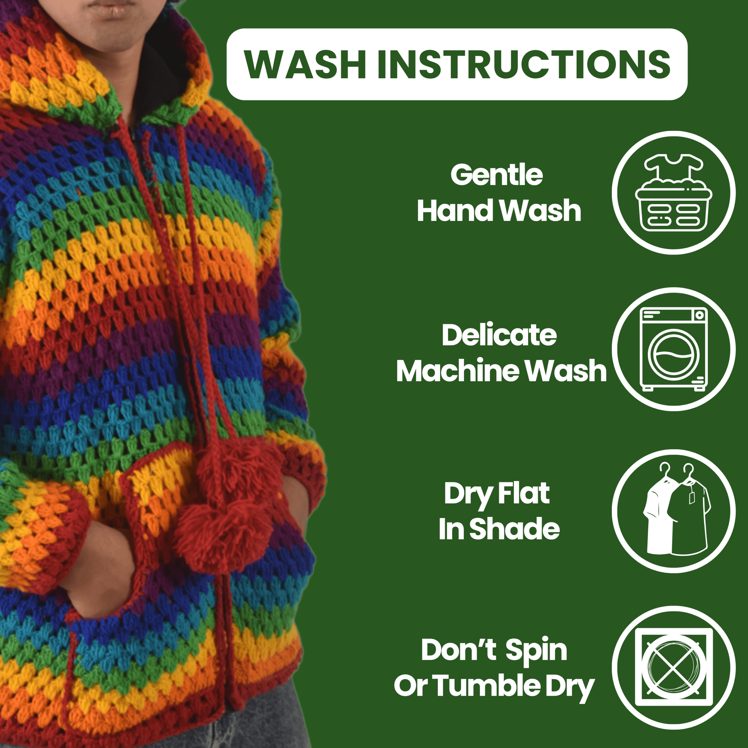 Unisex Rainbow Winter Woolen Crochet Sweater - Nepal Handknit 100% Sheep Wool Jacket For Men & Women - Image 11
