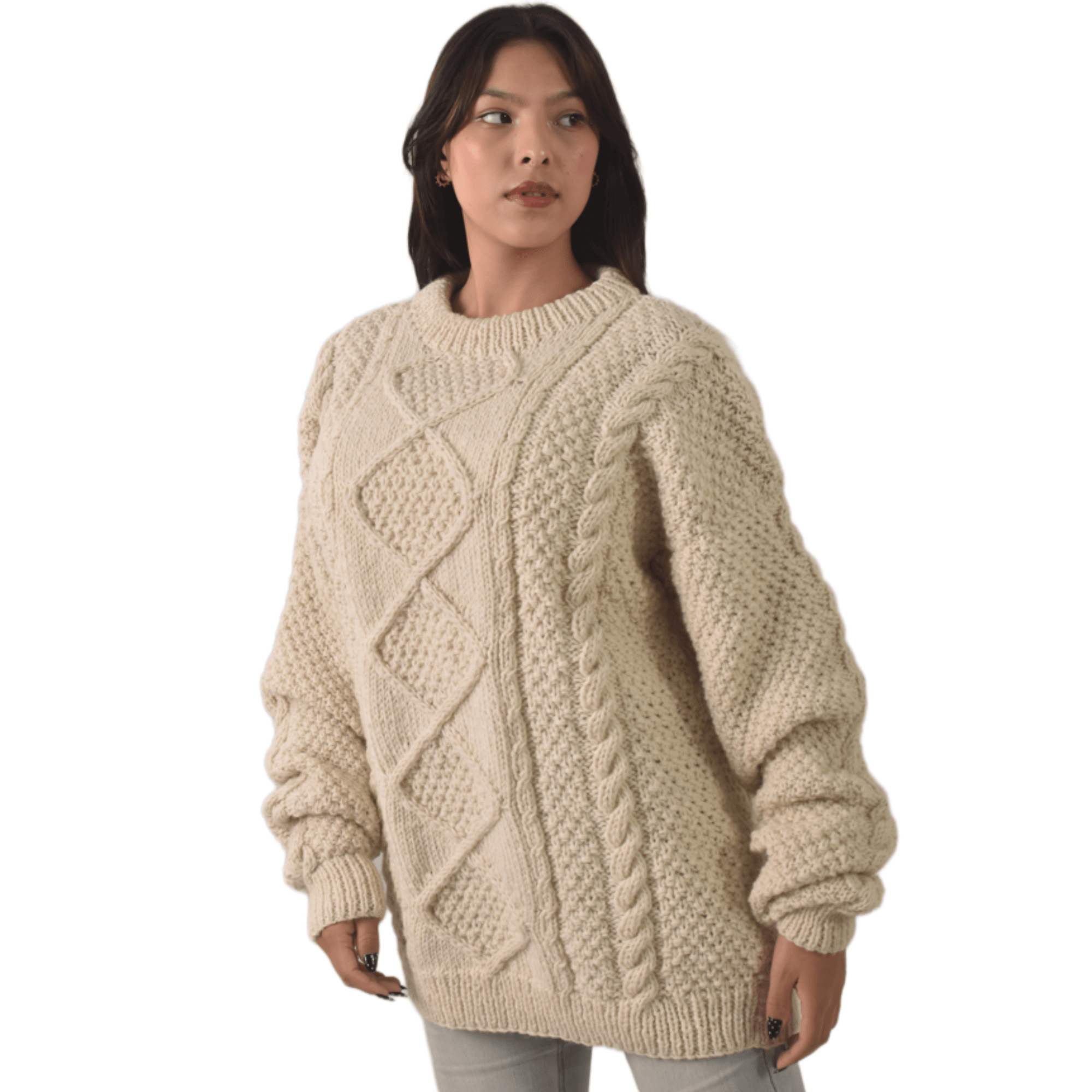 Handknit 100% Sheep Wool Aran Sweater For Men & Women - Nepal Unisex Crewneck Cable Knit Fisherman Woolen Pullover - Beige - Image 6
