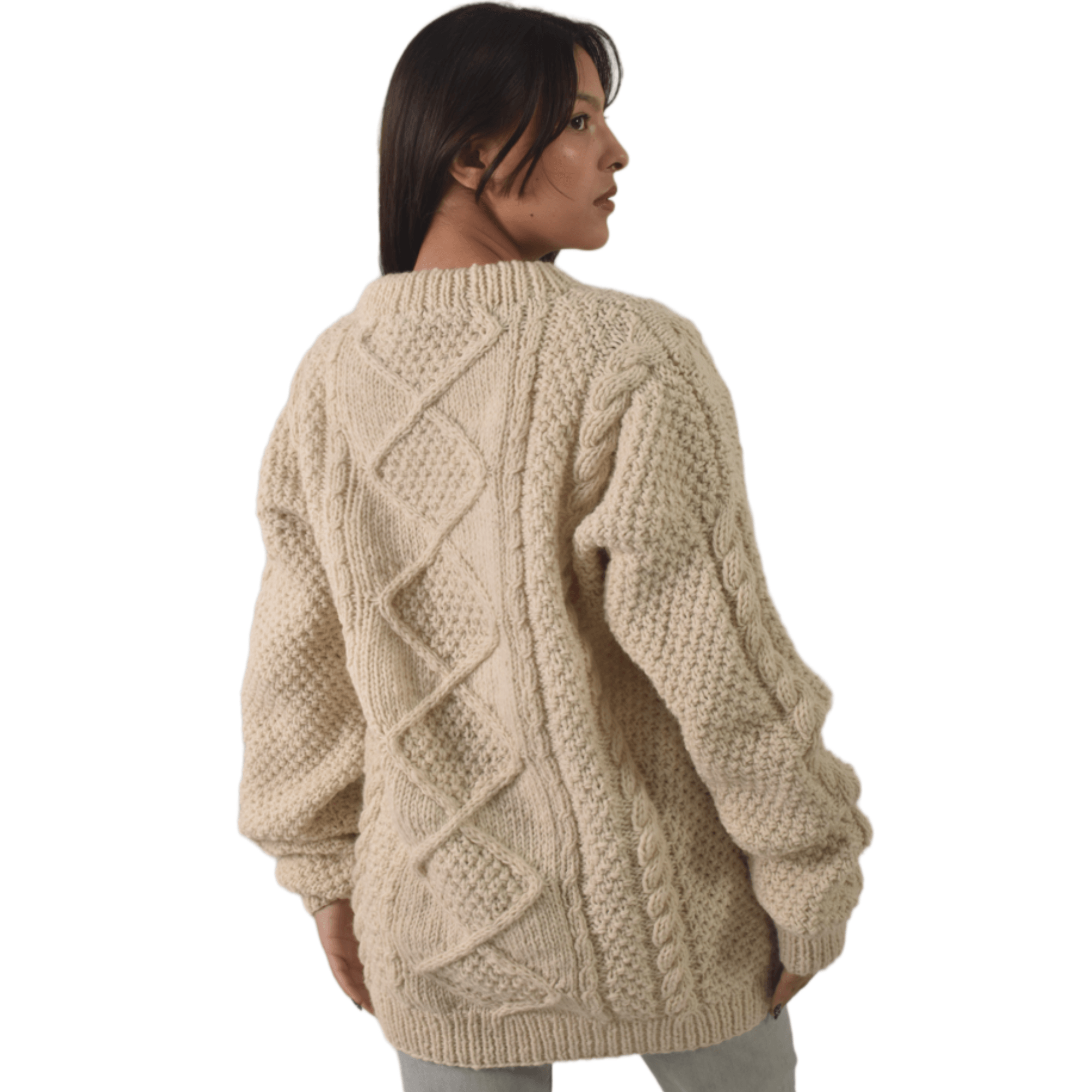 Handknit 100% Sheep Wool Aran Sweater For Men & Women - Nepal Unisex Crewneck Cable Knit Fisherman Woolen Pullover - Beige - Image 4