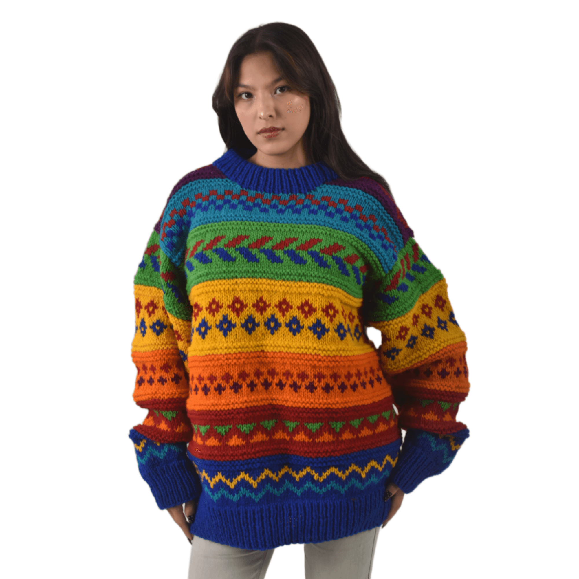 100% Sheep Wool Fair Isle Sweater For Men & Women - Nepal Crewneck Rainbow Woolen Pullover - Image 3