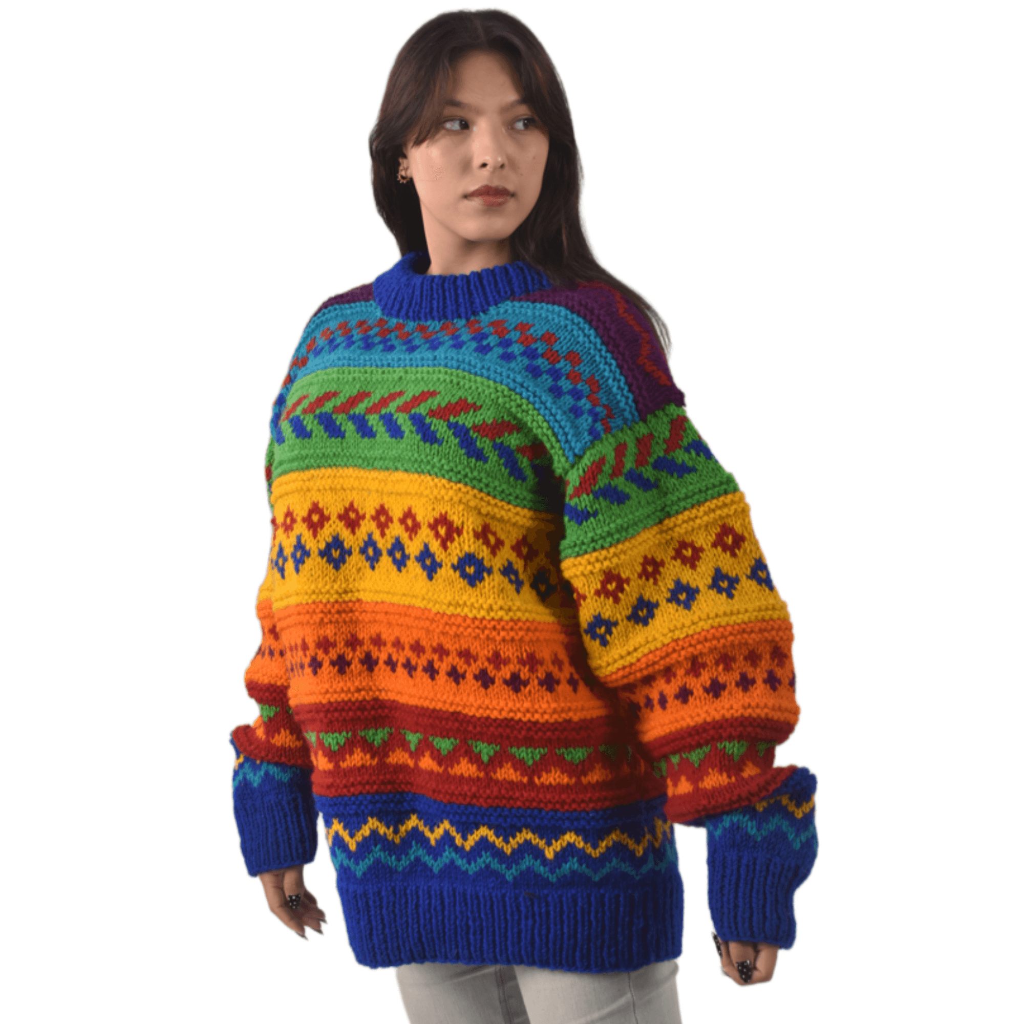 100% Sheep Wool Fair Isle Sweater For Men & Women - Nepal Crewneck Rainbow Woolen Pullover - Image 5