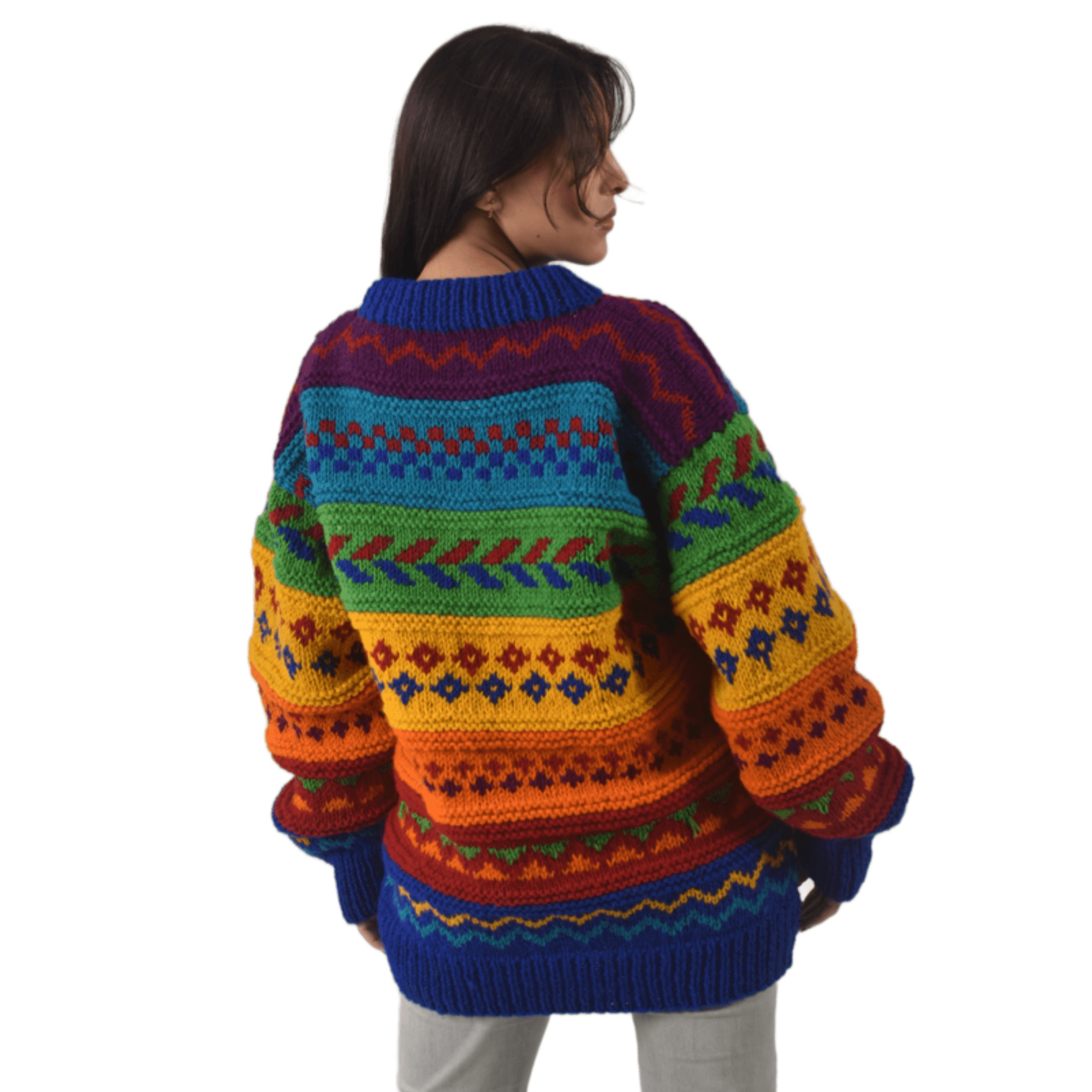 100% Sheep Wool Fair Isle Sweater For Men & Women - Nepal Crewneck Rainbow Woolen Pullover - Image 7