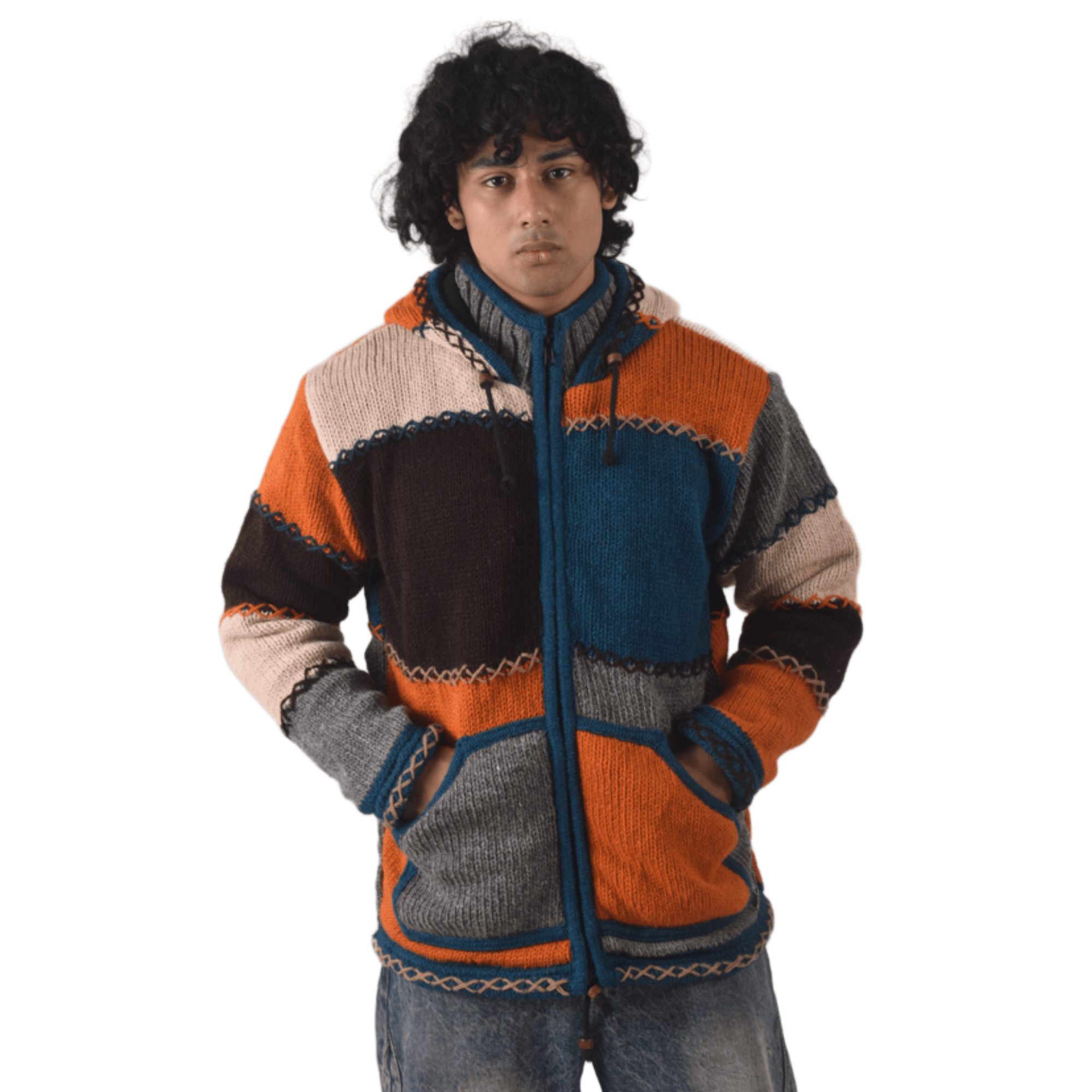 100% Wool Jacket For Women & Men - Unisex Multicolor Patchwork Fleece Lined - Made in Nepal - Image 3
