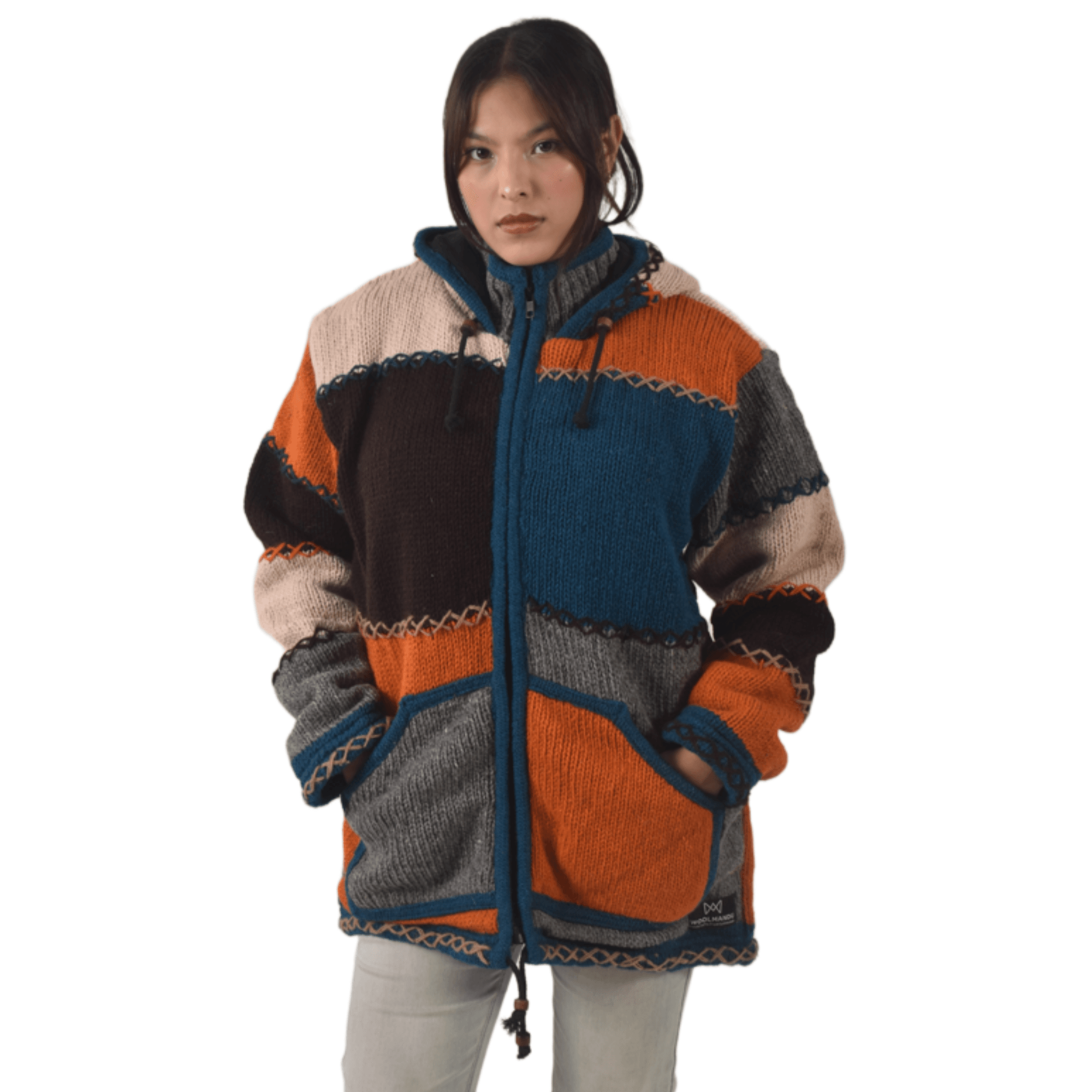 100% Wool Jacket For Women & Men - Unisex Multicolor Patchwork Fleece Lined - Made in Nepal - Image 4