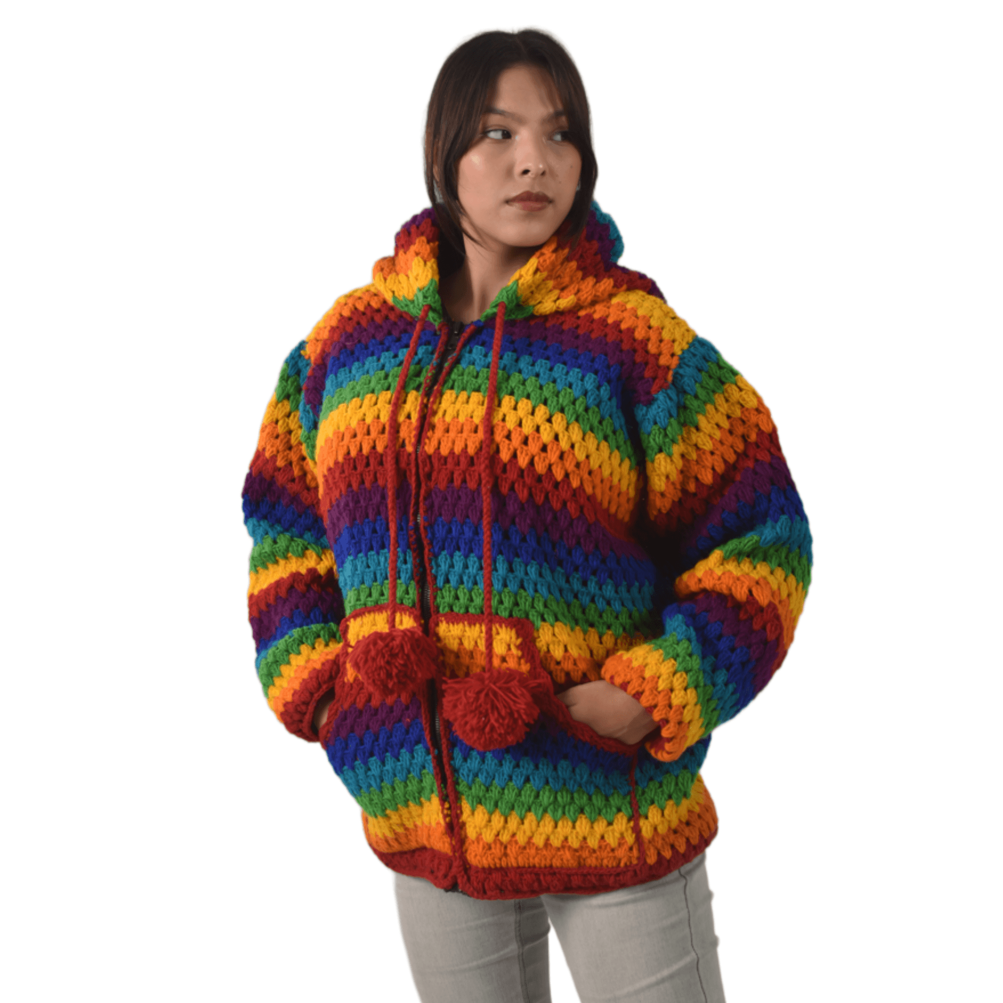 Unisex Rainbow Winter Woolen Crochet Sweater - Nepal Handknit 100% Sheep Wool Jacket For Men & Women - Image 7
