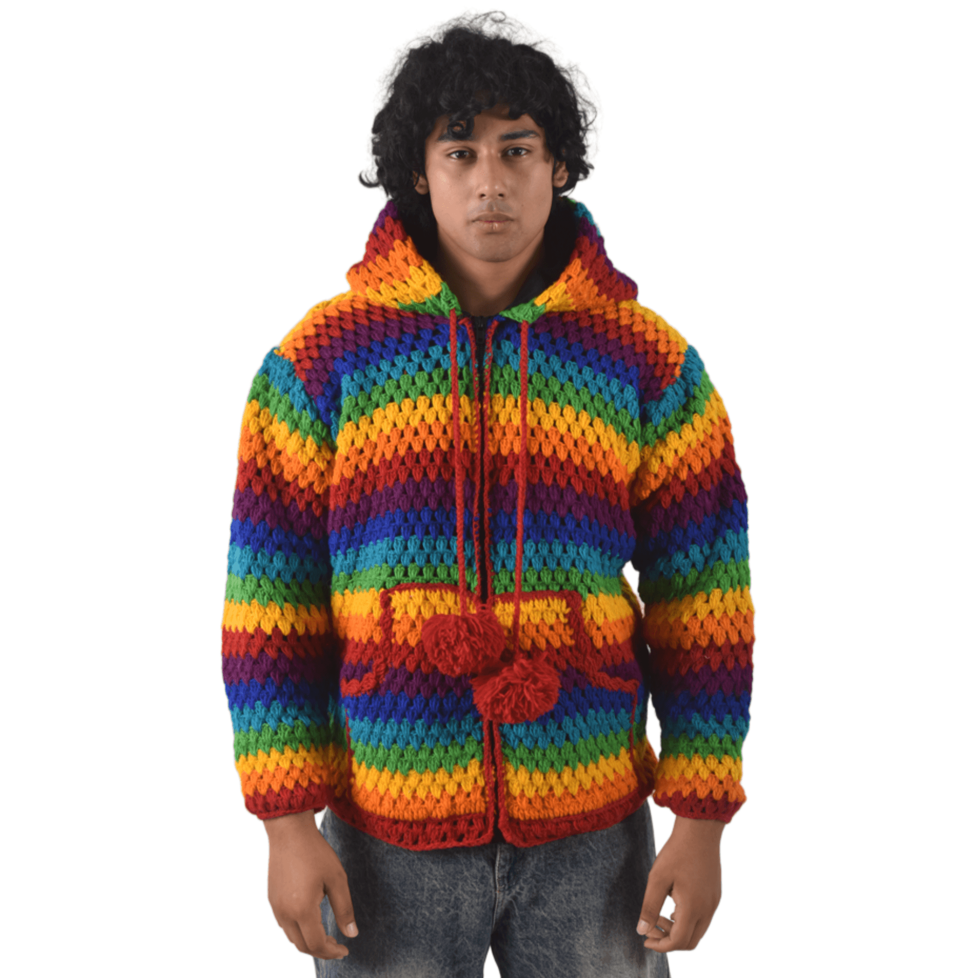 Unisex Rainbow Winter Woolen Crochet Sweater - Nepal Handknit 100% Sheep Wool Jacket For Men & Women - Image 3