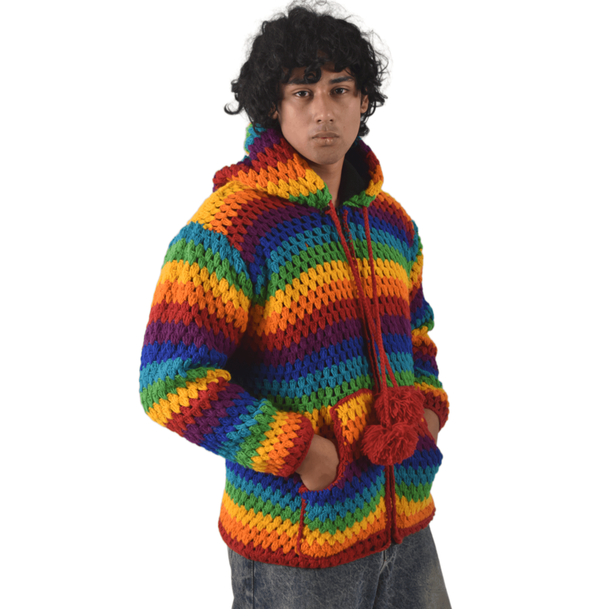 Unisex Rainbow Winter Woolen Crochet Sweater - Nepal Handknit 100% Sheep Wool Jacket For Men & Women - Image 5