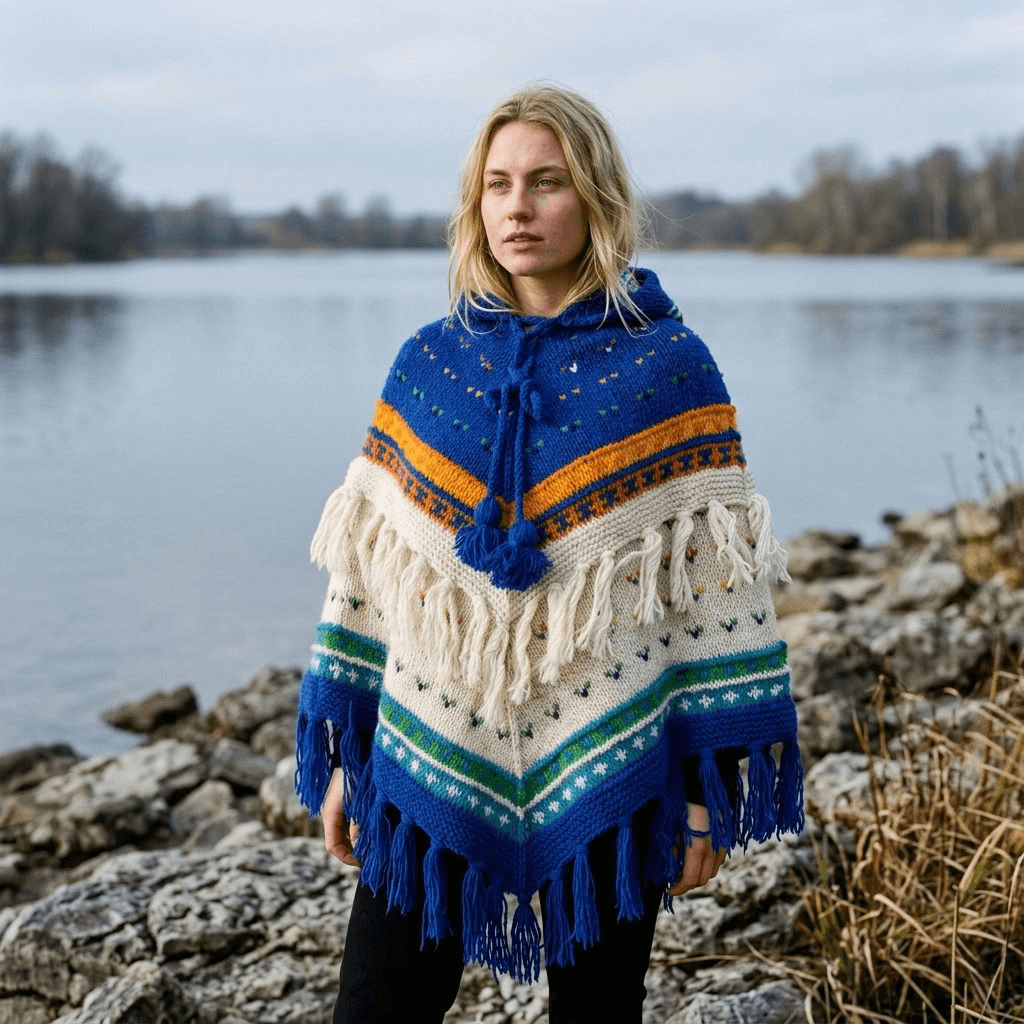 Handknitted 100% Sheep Wool Poncho For Women – Nepal Blue Multicolor Striped Hooded Crochet Cape with Tassel Fringe