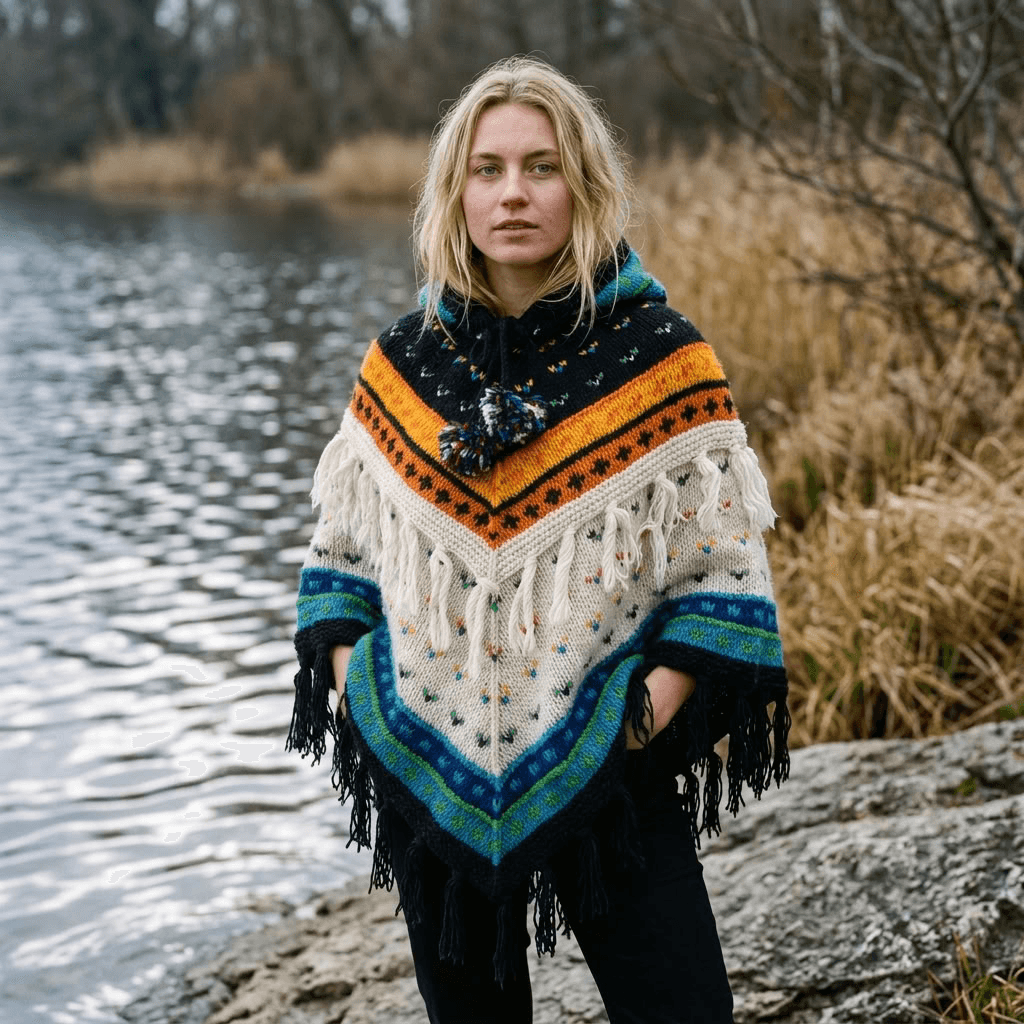 Handknitted 100% Sheep Wool Poncho For Women – Nepal Dark Navy Multicolor Striped Hooded Crochet Cape with Tassel Fringe